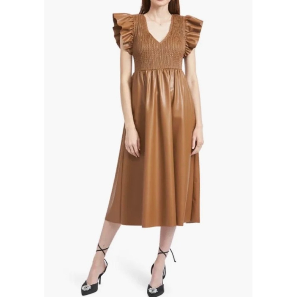 NWT En Saison Rylee Smocked Faux Leather Midi Dress Brown Size Large